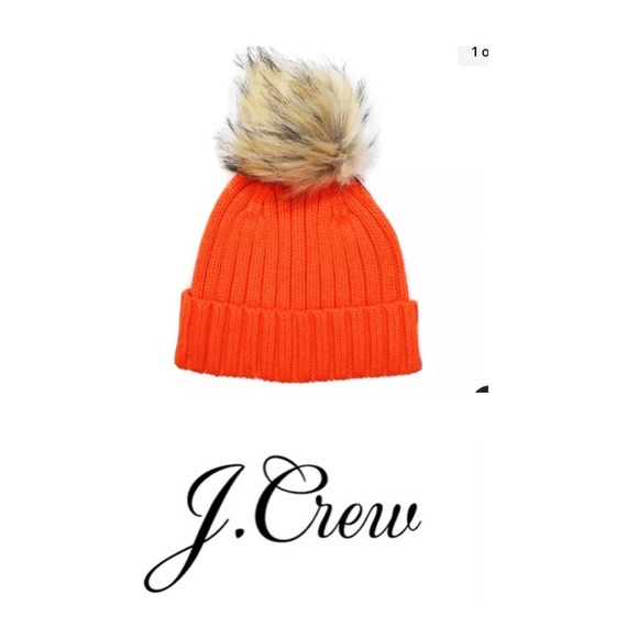 J.Crew Women's - NWT - Blaze Orange Ribbed Knit Faux Fur Pom Pom Beanie Hat